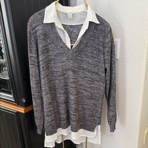 Womens Gray V-Neck Sweater with faux collared shirt